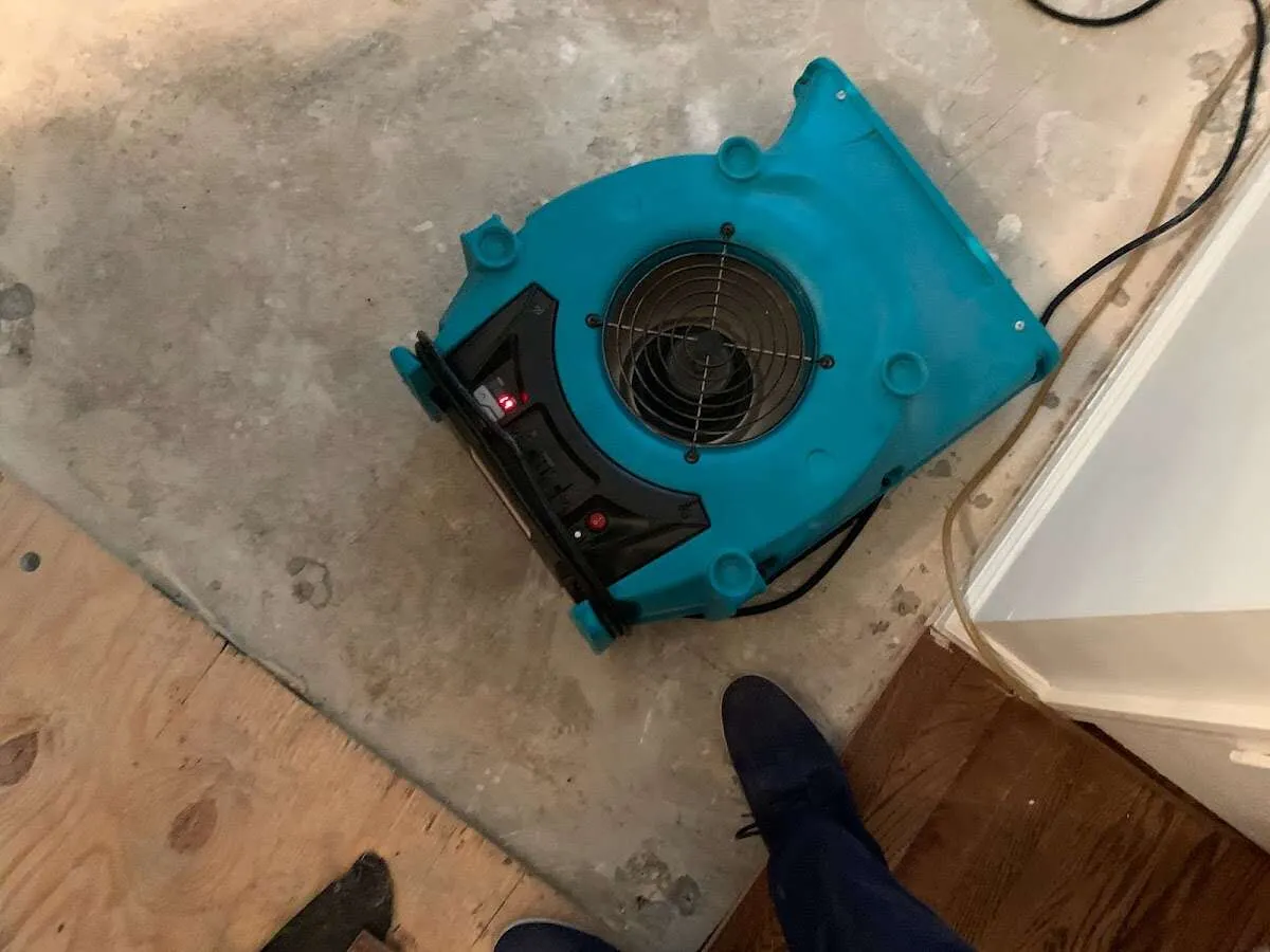 Air mover drying subfloor during Leak Detection & Repair in Bloomingdale
